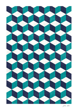 Geometric Cube Pattern - Turquoise, White, Blue Concrete