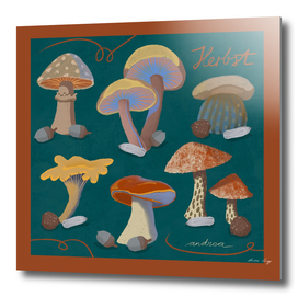 Mushroom painting on green background with acorns