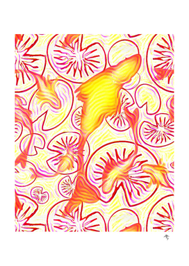 fish tails, fish glassmorphism, red, yellow, lineart,
