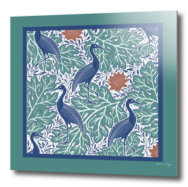 Blue Heron bird on green leaves in Art Nouveau