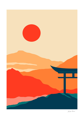 Japanese Torii Gate Mountain Fuji View With Sunset