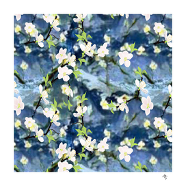 blooming apple, blue hills, white flowers,