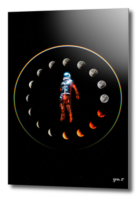 Astronaut and lunar cycles with rainbow