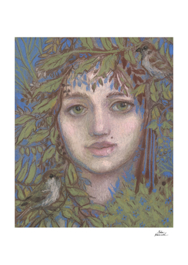 Sparrow Lady, Fantasy Imaginary Portrait Pastel Painting