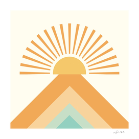 Abstraction Shapes 26 in Gold Orange Green-Sun and Mountains