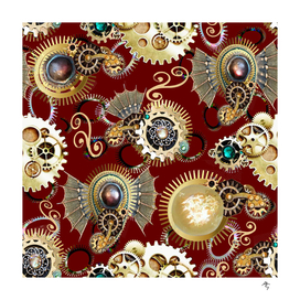 gears, paisley, gold ruby, abstraction, wealth