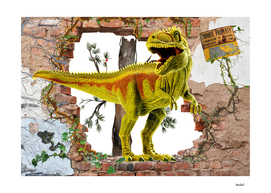 Dinosaur Standing Astride Brick Wall