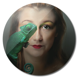 woman and green chameleon