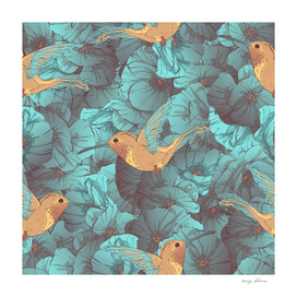 Tropical bird colibries and blue poppies seamless pattern