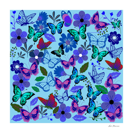 Blue Butterflies and Flowers on Sky Blue