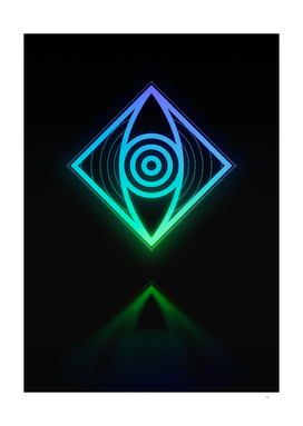 Neon Blue and Green Geometric Glyph Rune Sigil Art