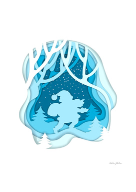 Silhouette of Santa Claus on winter forest background.