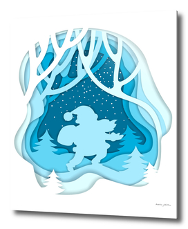 Silhouette of Santa Claus on winter forest background.