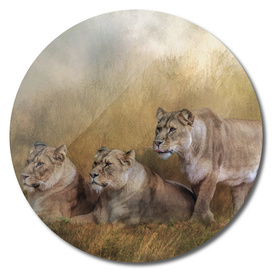 Lionesses watching the herd