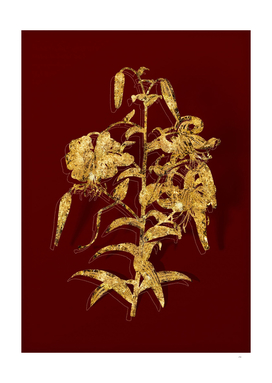 Gold Tiger Lily Botanical Illustration on Red