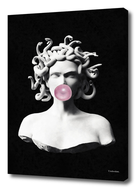 Medusa blowing pink bubblegum bubble