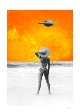 UFO Sighting | Beach | Bikini Girl | Vintage | Yellow