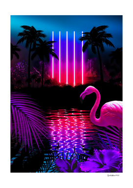Neon landscape: Neon pillars & flamingo