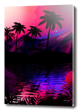 Neon landscape: Pink purple tropical beach