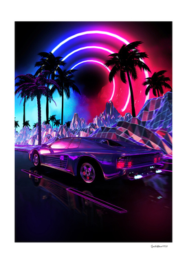 Neon landscape: Synthwave palms & car
