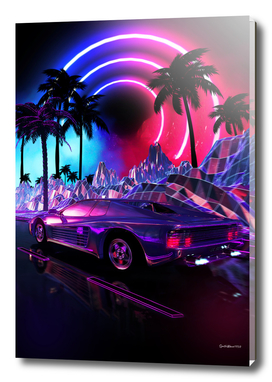Neon landscape: Synthwave palms & car