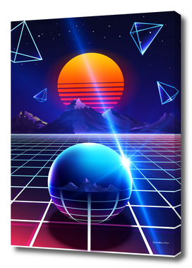 Neon sunset, mountains and sphere