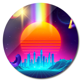 Neon sunset, city and sphere