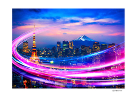 Neon city: Tokyo cityscape with Fuji mountain, Japan