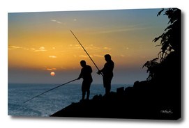 Two Men Fishing at Shore