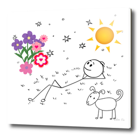 Happy Daze Folk Art Stick Man With Sun and Flowers and Dog