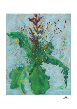 Burdock Leaves and Herbs Floral Art Pastel Painting