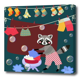 Cute raccoon washes clothes.