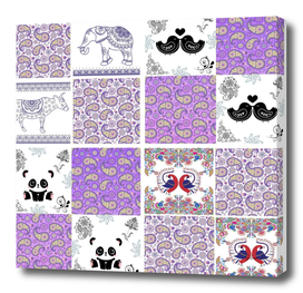 Purple Paisley Birds and Animals Patchwork Design