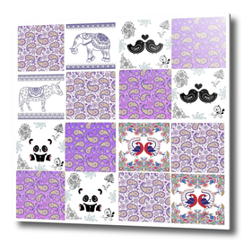 Purple Paisley Birds and Animals Patchwork Design
