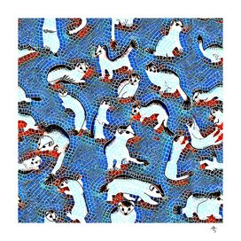 funny weasels, ermine, marten,  mosaic, geometry, blue