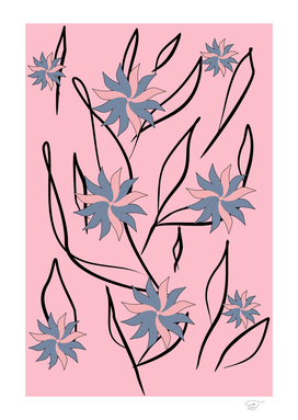 Flowers and leaves on the pink background