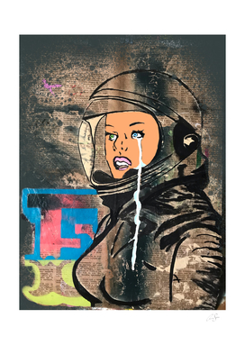 Comic_Girl_Astronaut_antique book pages-graffiti style