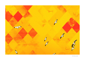 flying birds with red and yellow geometric pixel pattern