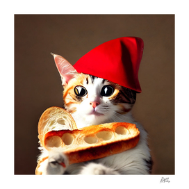 Cat with a red hat holding a baguette #2