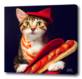 Oscar - Cat with a red hat holding a baguette #1