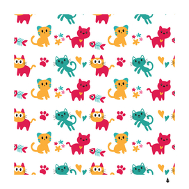 seamless pattern with cute cat and fish bone