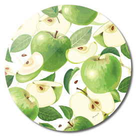 Green Apple Fruit, Slices, Halves and Leaves