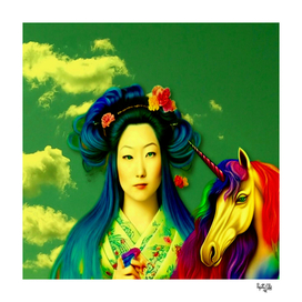 Geisha and her unicorn in a peaceful cloud landscape
