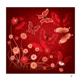 four red butterflies with flower illustration