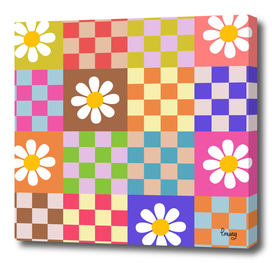 Geometric Checkered Floral Retro Pattern
