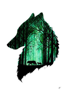 wolf and pup at the woods illustration
