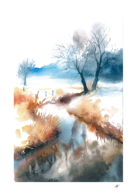 watercolor landscape white leaf trees painting