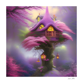 A fantasy AI generated fairy house in a cherry blossom tree