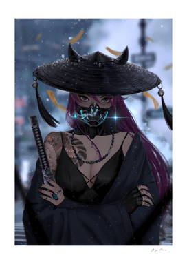 Samurai Girl With Demon Oni Mask