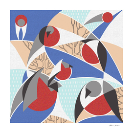 Birds bullfinches in blue, red and cream colors